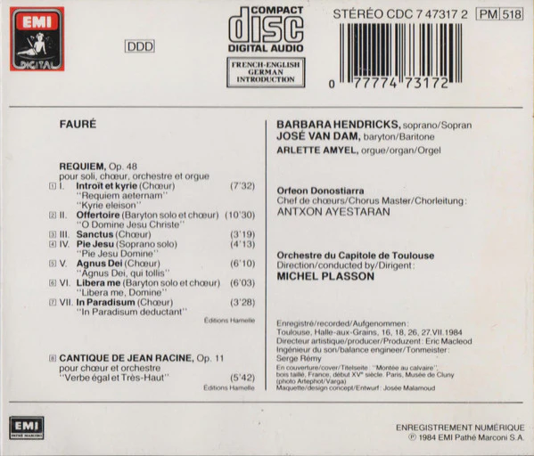Fauré* / Barbara Hendricks • José Van Dam • Orfeon Donostiarra* • Orchestre Du Capitole De Toulouse* • Michel Plasson - Requiem • Cantique De Jean Racine (CD, Album, RE) (Near Mint (NM or M-)) - Image 2