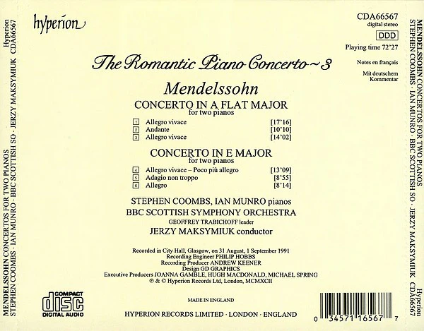 Felix Mendelssohn-Bartholdy - Stephen Coombs, Ian Munro , BBC Scottish Symphony Orchestra, Jerzy Maksymiuk - The Concertos For 2 Pianos (CD) (Very Good Plus (VG+)) - Image 3