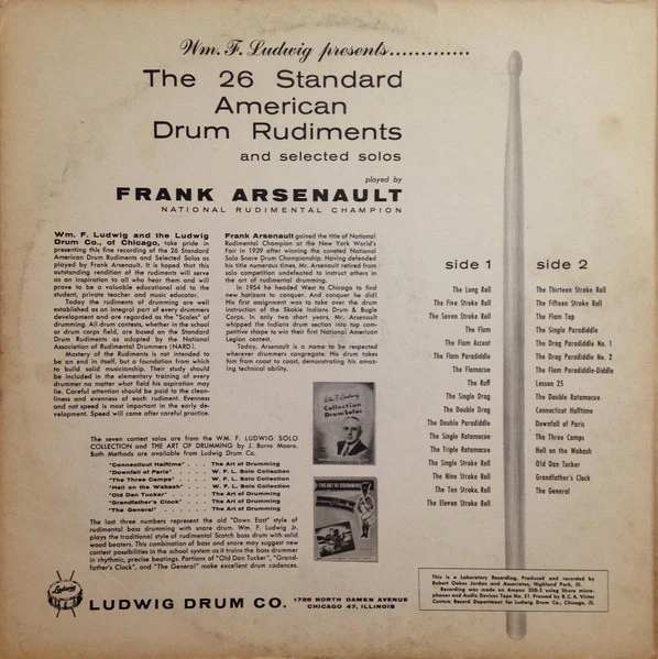 Frank Arsenault - Wm. F. Ludwig Presents The 26 Standard American Drum Rudiments And Selected Solos (LP) (Near Mint (NM or M-)) - Image 2