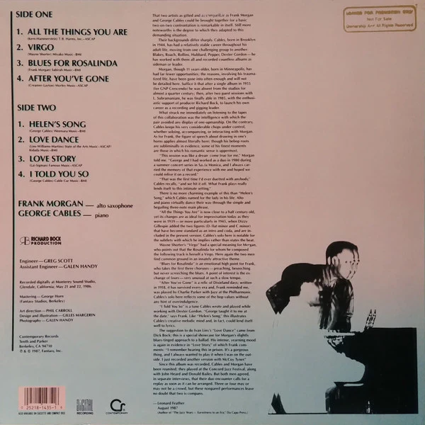 Frank Morgan / George Cables - Double Image (LP, Album) (Near Mint (NM or M-)) - Image 2