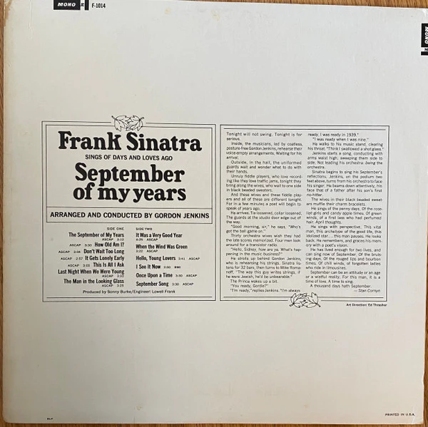 Frank Sinatra - September Of My Years (LP, Album) (Very Good Plus (VG+)) - Image 2