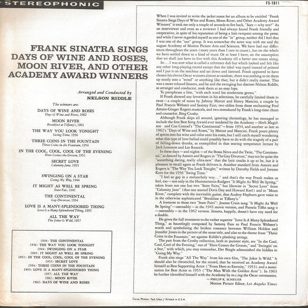 Frank Sinatra - Sings Days Of Wine And Roses, Moon River, And Other Academy Award Winners (LP, Album, RP) (Good Plus (G+)) - Image 2