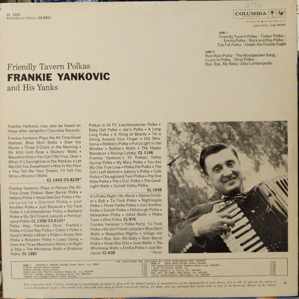 Frankie Yankovic And His Yanks - Friendly Tavern Polkas (LP, Album, Mono) (Very Good (VG)) - Image 2