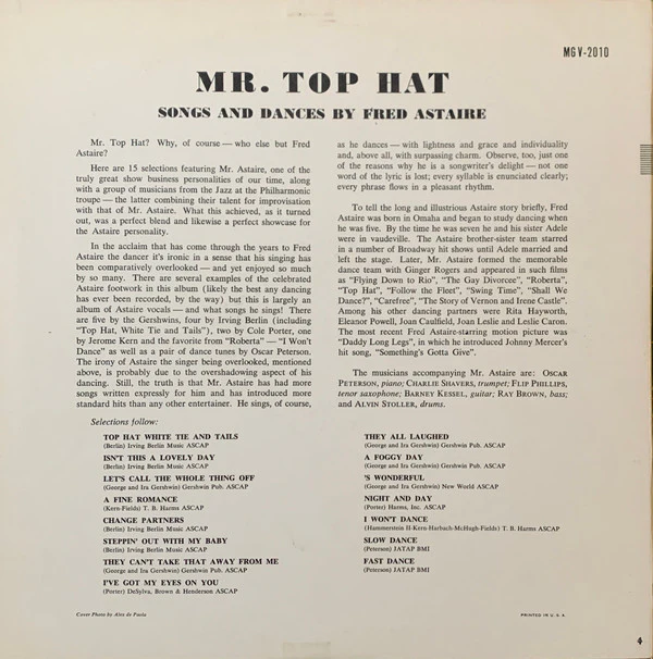 Fred Astaire - Mr. Top Hat (LP, Album, Mono) (Very Good Plus (VG+)) - Image 2