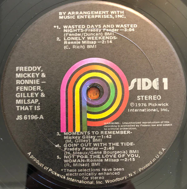 Freddy Fender , Mickey Gilley, Ronnie Milsap - Fender, Gilley & Milsap That Is. (LP) (Very Good (VG)) - Image 3