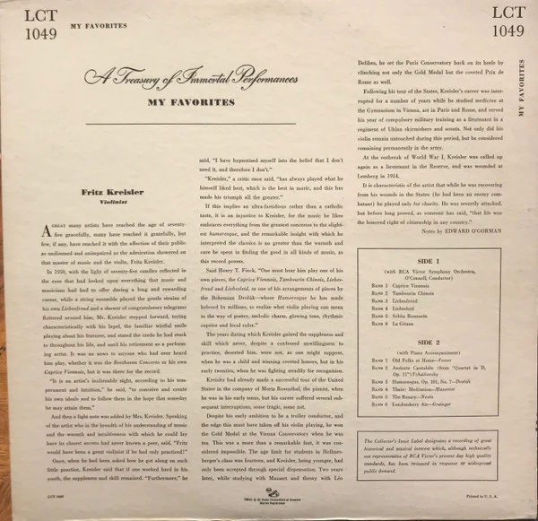 Fritz Kreisler - My Favorites (LP, Mono) (Very Good Plus (VG+)) - Image 2