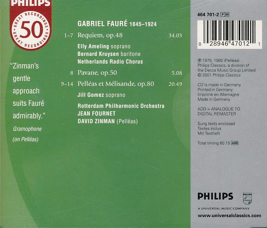 Gabriel Fauré - Elly Ameling · Bernard Kruysen · Jill Gomez · Rotterdams Philharmonisch Orkest · Jean Fournet · David Zinman - Requiem; Pelléas Et Mélisande; Pavane (CD, Comp, RE, RM) (Very Good Plus (VG+)) - Image 3