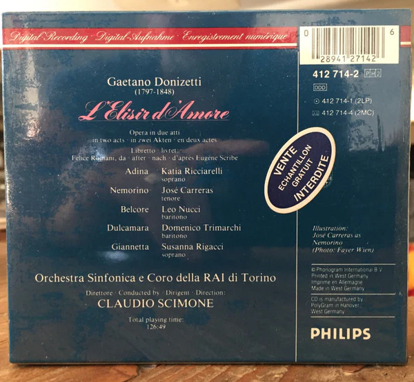 Gaetano Donizetti / Katia Ricciarelli, José Carreras, Leo Nucci, Susanna Rigacci, Domenico Trimarchi, Orchestra Sinfonica Di Torino Della RAI E Coro Di Torino Della RAI, Claudio Scimone - L’Elisir D’Amore (2xCD, Album + Box, Sli) (Very Good Plus (VG+ - Image 3