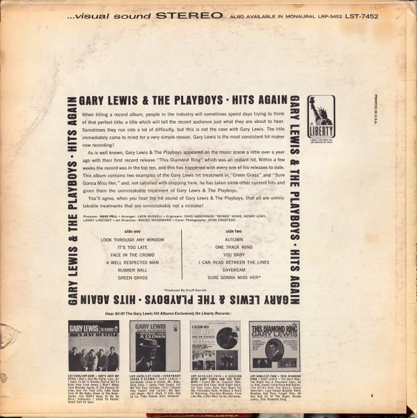 Gary Lewis & The Playboys - Hits Again! (LP, Album, Pit) (Very Good (VG)) - Image 2