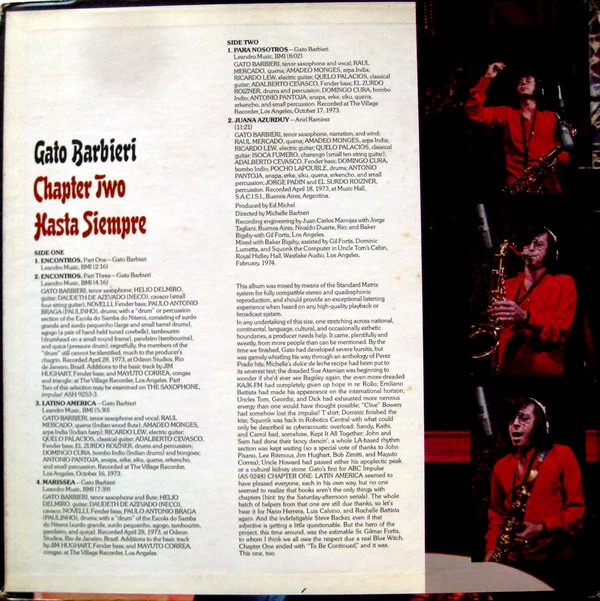Gato Barbieri - Chapter Two: Hasta Siempre (LP, Album, Quad, Gat) (Very Good Plus (VG+)) - Image 2