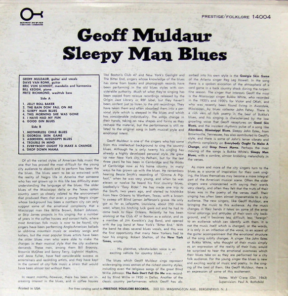 Geoff Muldaur - Sleepy Man Blues (LP, Album, Mono) (Very Good Plus (VG+)) - Image 2