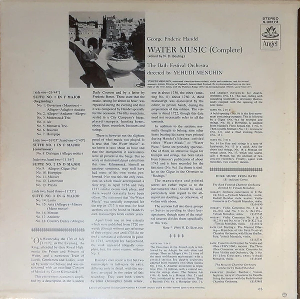 Georg Friedrich Händel, Bath Festival Orchestra, Yehudi Menuhin - Water Music (Complete) (LP, RP) (Very Good Plus (VG+)) - Image 2