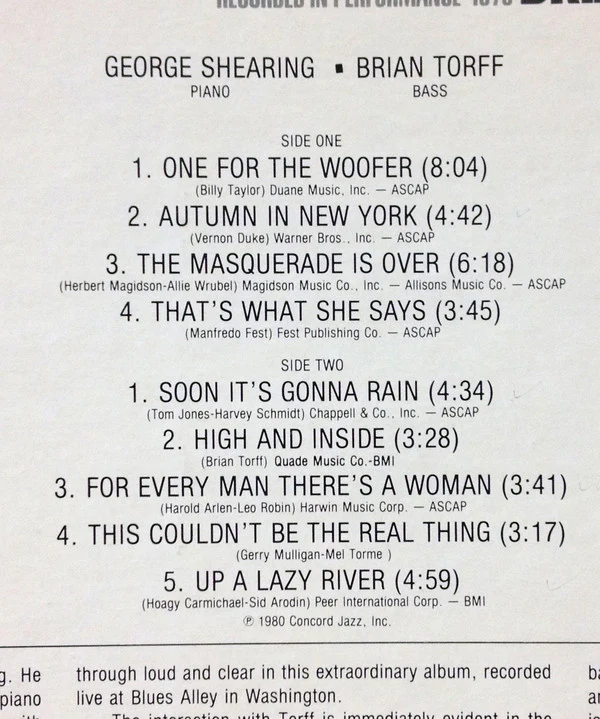 George Shearing, Brian Torff - Blues Alley Jazz (LP, Album) (Very Good Plus (VG+)) - Image 5