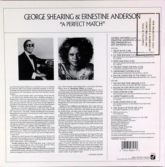 George Shearing & Ernestine Anderson - A Perfect Match (LP, Album) (Very Good Plus (VG+)) - Image 2