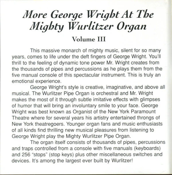 George Wright - More George Wright At The Mighty Wurlitzer Organ Volume III (CD, Comp) (Very Good Plus (VG+)) - Image 2