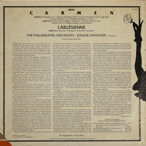 Georges Bizet, The Philadelphia Orchestra, Eugene Ormandy - Carmen Suites / L'Arlésienne Suite No. 2 (LP, Album) (Very Good (VG)) - Image 2
