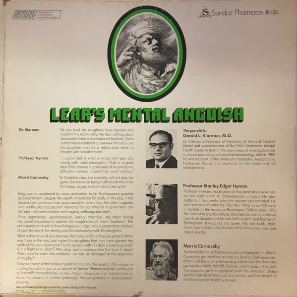 Gerald L. Klerman, M.D., Morris Carnovsky, Stanley Edgar Hyman - Lear's Mental Anguish (12") (Good Plus (G+)) - Image 4