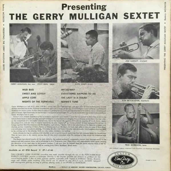 Gerry Mulligan And His Sextet - Presenting The Gerry Mulligan Sextet (LP, Album, Mono, Ind) (Very Good (VG)) - Image 2