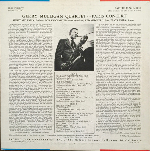 Gerry Mulligan Quartet - Paris Concert (LP, Album, Mono) (Very Good (VG)) - Image 2