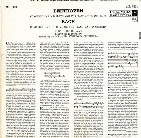 Glenn Gould, Leonard Bernstein Conducting The Columbia Symphony Orchestra - Ludwig van Beethoven / Johann Sebastian Bach - Concerto No. 2 In B-Flat Major For Piano And Orchestra, Op. 19 / Concerto No. 1 In D Minor For Piano And Orchestra (LP, Album, Mono, - Image 2