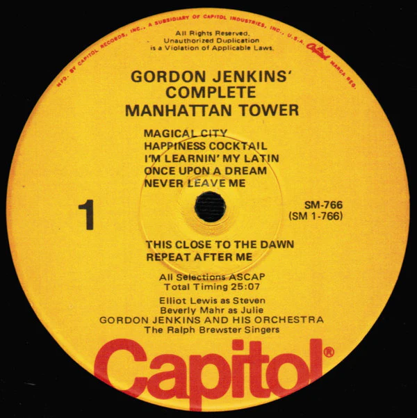 Gordon Jenkins / Elliott Lewis, Beverly Mahr, The Ralph Brewster Singers - Complete Manhattan Tower (LP, Album, Mono, RE) (Very Good Plus (VG+)) - Image 3