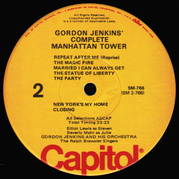 Gordon Jenkins / Elliott Lewis, Beverly Mahr, The Ralph Brewster Singers - Complete Manhattan Tower (LP, Album, Mono, RE) (Very Good Plus (VG+)) - Image 4