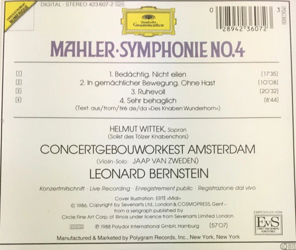 Gustav Mahler – Helmut Wittek · Concertgebouworkest · Leonard Bernstein - Symphonie No. 4 (CD) (Near Mint (NM or M-)) - Image 2
