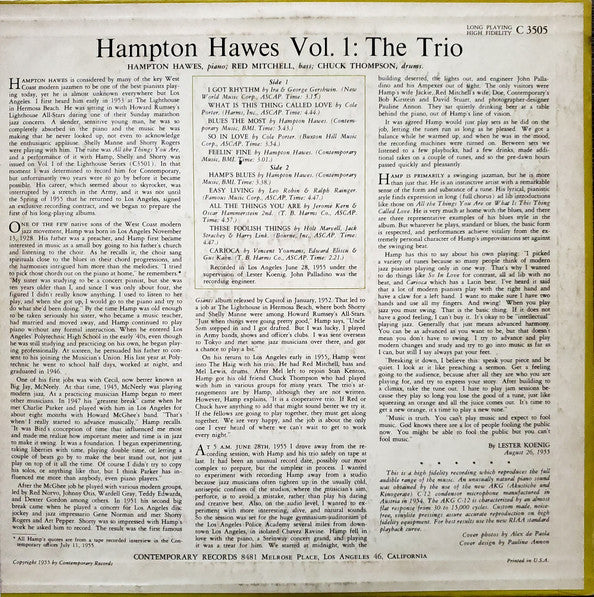 Hampton Hawes Trio - Hampton Hawes Vol. 1: The Trio (LP, Album, Mono) (Near Mint (NM or M-)) - Image 2