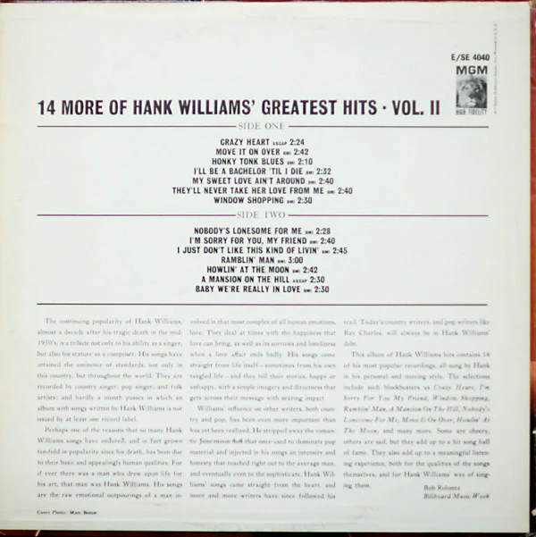 Hank Williams - 14 More Of Hank Williams' Greatest Hits Vol. II (LP, Comp, Club, RE) (Very Good Plus (VG+)) - Image 2