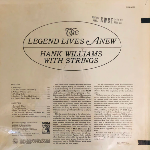 Hank Williams - The Legend Lives Anew - Hank Williams With Strings (LP, Album, Comp) (Near Mint (NM or M-)) - Image 2