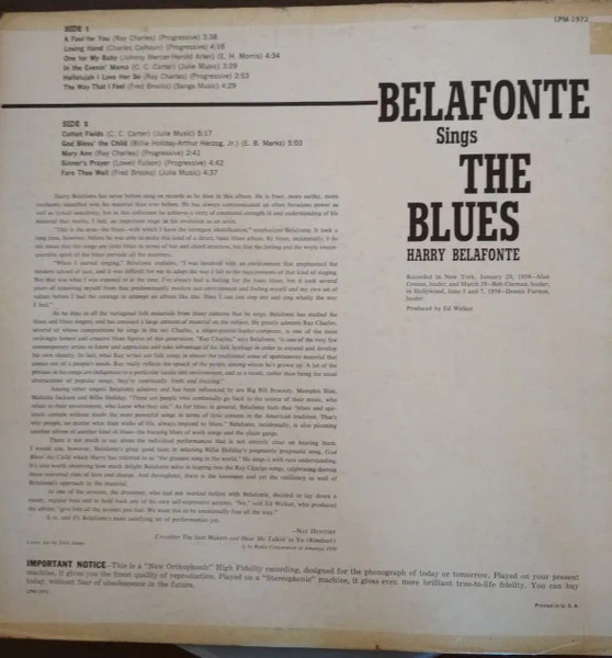Harry Belafonte - Belafonte Sings The Blues (LP, Album, Mono) (Very Good (VG)) - Image 2