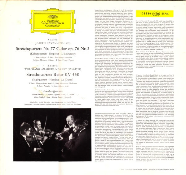 Joseph Haydn / Wolfgang Amadeus Mozart - Amadeus-Quartett - Kaiserquartett (Emperor) / Jagdquartett (Hunting) (LP, RP) (Near Mint (NM or M-)) - Image 2