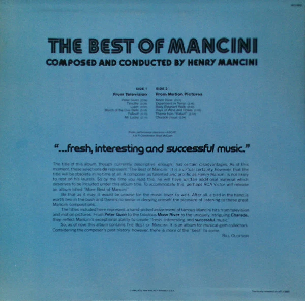 Henry Mancini - The Best Of Mancini (LP, Comp, RE) (Very Good Plus (VG+)) - Image 2