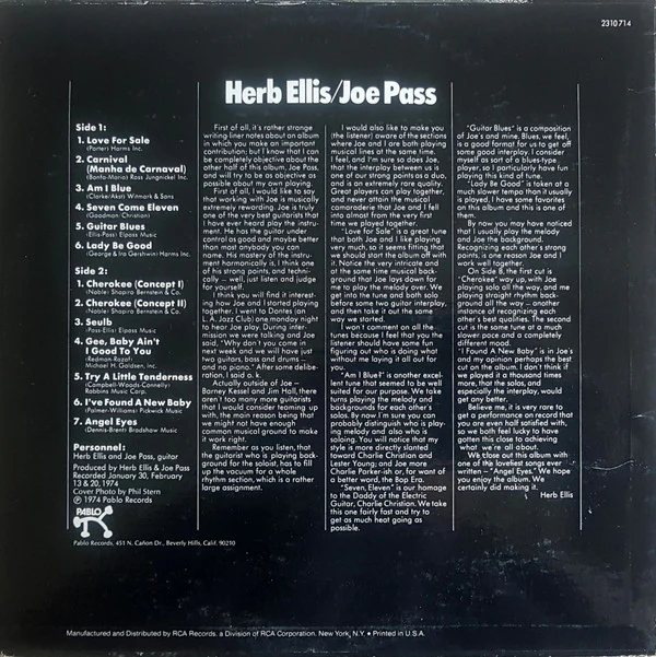 Herb Ellis / Joe Pass - Two For The Road (LP, Album) (Very Good Plus (VG+)) - Image 2