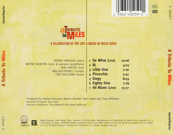 Herbie Hancock | Wayne Shorter | Ron Carter | Wallace Roney | Anthony Williams - A Tribute To Miles (CD, Album) (Near Mint (NM or M-)) - Image 2
