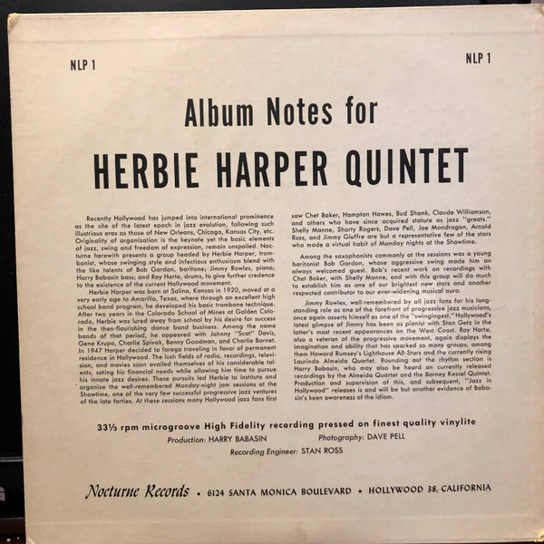 Herbie Harper Quintet - Jazz In Hollywood Series (10", Album, Mono) (Very Good Plus (VG+)) - Image 4