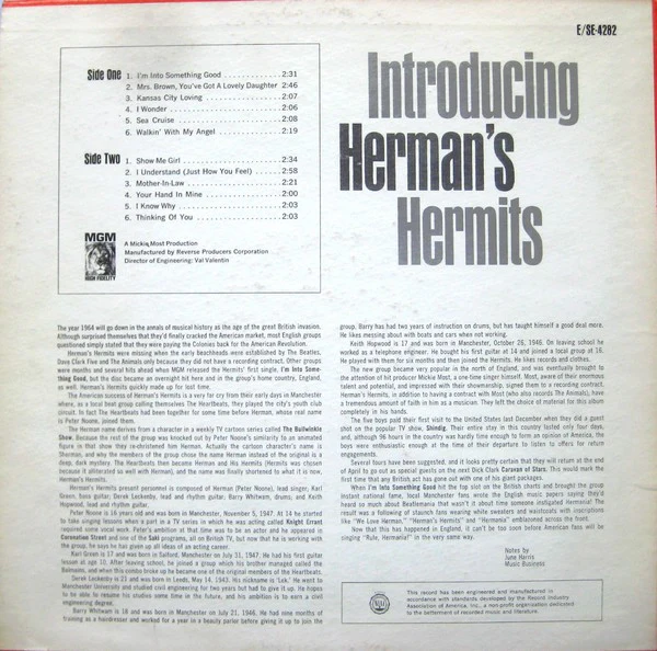 Herman's Hermits - Introducing Herman's Hermits (LP, Album, Mono, 2nd) (Very Good (VG)) - Image 2