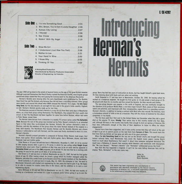 Herman's Hermits - Introducing Herman's Hermits (LP, Mono, 1st) (Good Plus (G+)) - Image 3