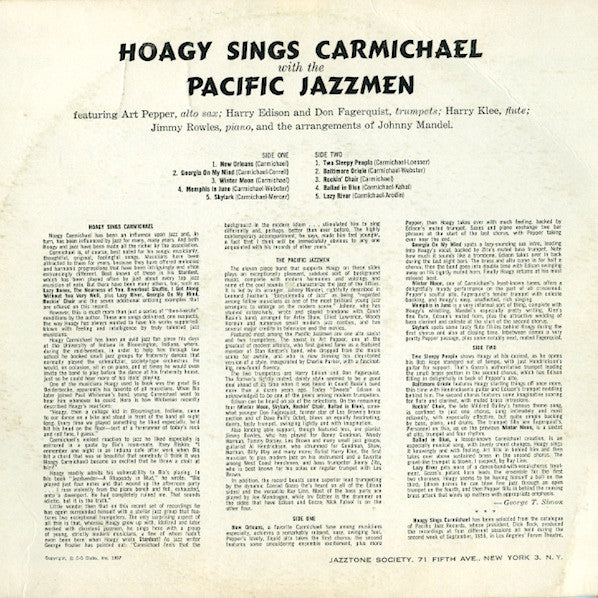 Hoagy Carmichael - Hoagy Sings Carmichael With The Pacific Jazzmen (LP, Mono, Club, RE) (Very Good Plus (VG+)) - Image 2