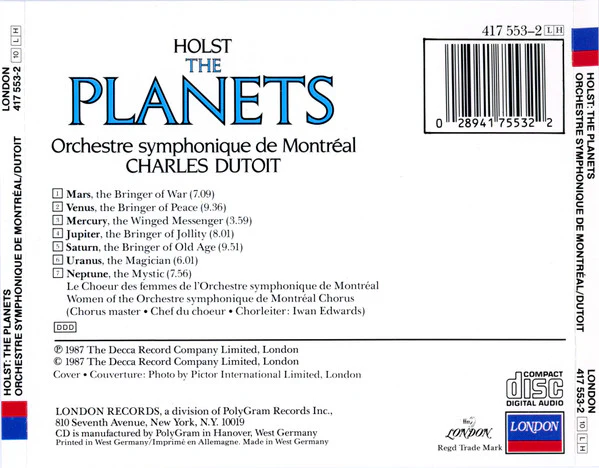 Holst*, Orchestre Symphonique De Montréal* / Charles Dutoit - The Planets (CD, Album) (Near Mint (NM or M-)) - Image 2