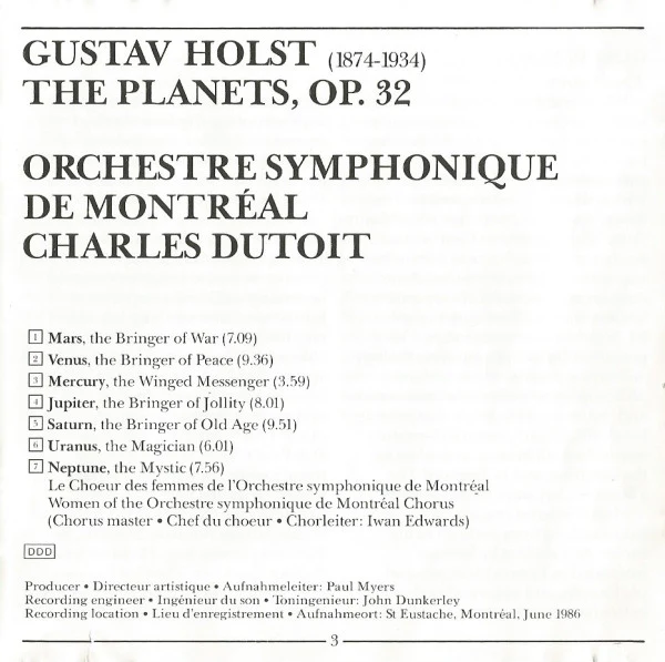Holst*, Orchestre Symphonique De Montréal* / Charles Dutoit - The Planets (CD, Album) (Near Mint (NM or M-)) - Image 4