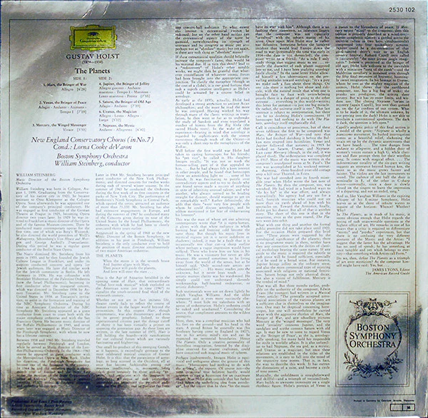 Gustav Holst - William Steinberg • Boston Symphony Orchestra - The Planets (LP, Album) (Near Mint (NM or M-)) - Image 2