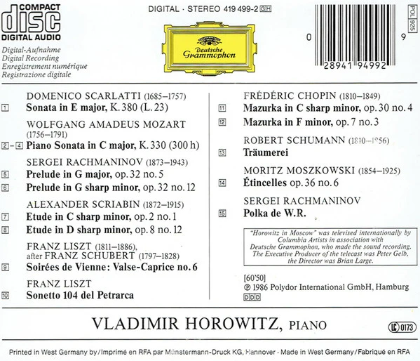 Horowitz* - Horowitz In Moscow (CD, Album, RE, PDO) (Very Good Plus (VG+)) - Image 2