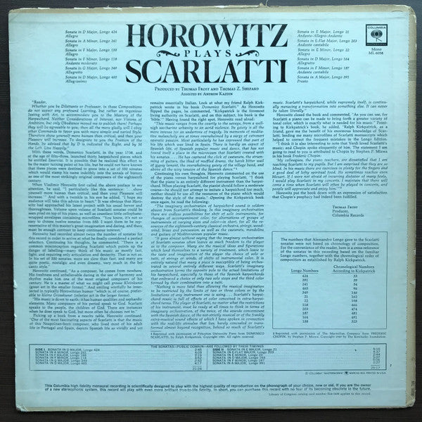 Vladimir Horowitz, Domenico Scarlatti - Horowitz Plays Scarlatti (LP, Mono) (Near Mint (NM or M-)) - Image 2