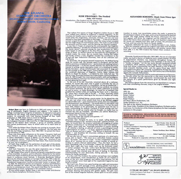 Igor Stravinsky / Alexander Borodin – Robert Shaw, Atlanta Symphony Orchestra and Atlanta Symphony Chorus - The Firebird (Suite, 1919 Version) / Overture And Polovetsian Dances From Prince Igor (LP, Dig) (Near Mint (NM or M-)) - Image 2