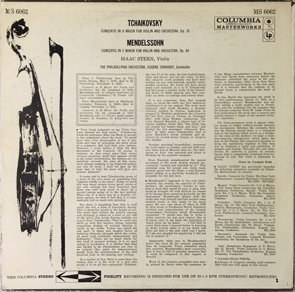 Isaac Stern, The Philadelphia Orchestra, Eugene Ormandy, Pyotr Ilyich Tchaikovsky, Felix Mendelssohn-Bartholdy - Violin Concerto In D Major / Violin Concerto In E Minor (LP, RE) (Near Mint (NM or M-)) - Image 2