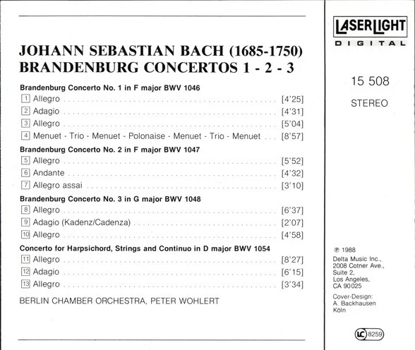 J. S. Bach*, Berlin Chamber Orchestra, Peter Wohlert - Brandenburg Concertos 1 • 2 • 3 (BWV 1046 • 1047 • 1048) (CD, Album) (Near Mint (NM or M-)) - Image 3