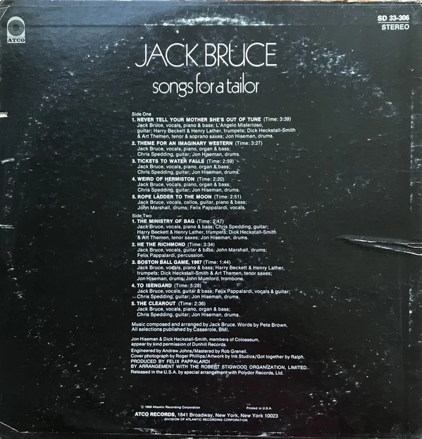 Jack Bruce - Songs For A Tailor (LP, Album, PR ) (Near Mint (NM or M-)) - Image 2