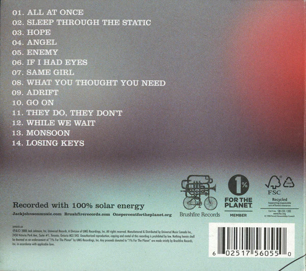 Jack Johnson - Sleep Through The Static (CD, Album, Car) (Near Mint (NM or M-)) - Image 2