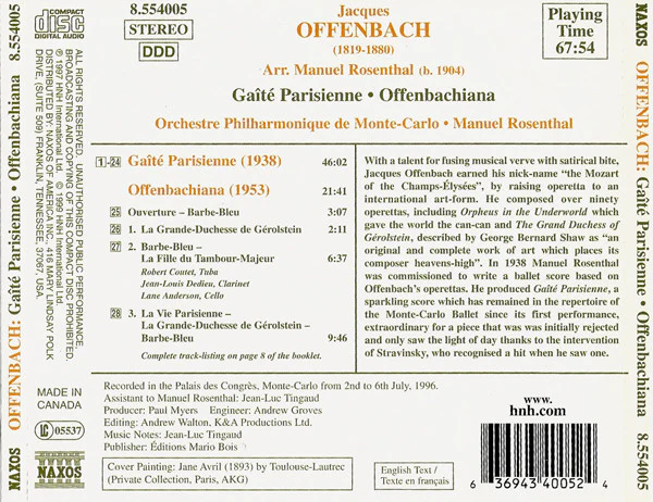 Jacques Offenbach, Orchestre Philharmonique De Monte-Carlo, Manuel Rosenthal - Gaîté Parisienne - Offenbachiana (CD) (Near Mint (NM or M-)) - Image 2
